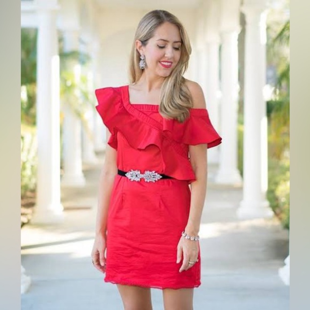 Haute Rogue Off Shoulder Ruffle Red Cotton Mini Dress